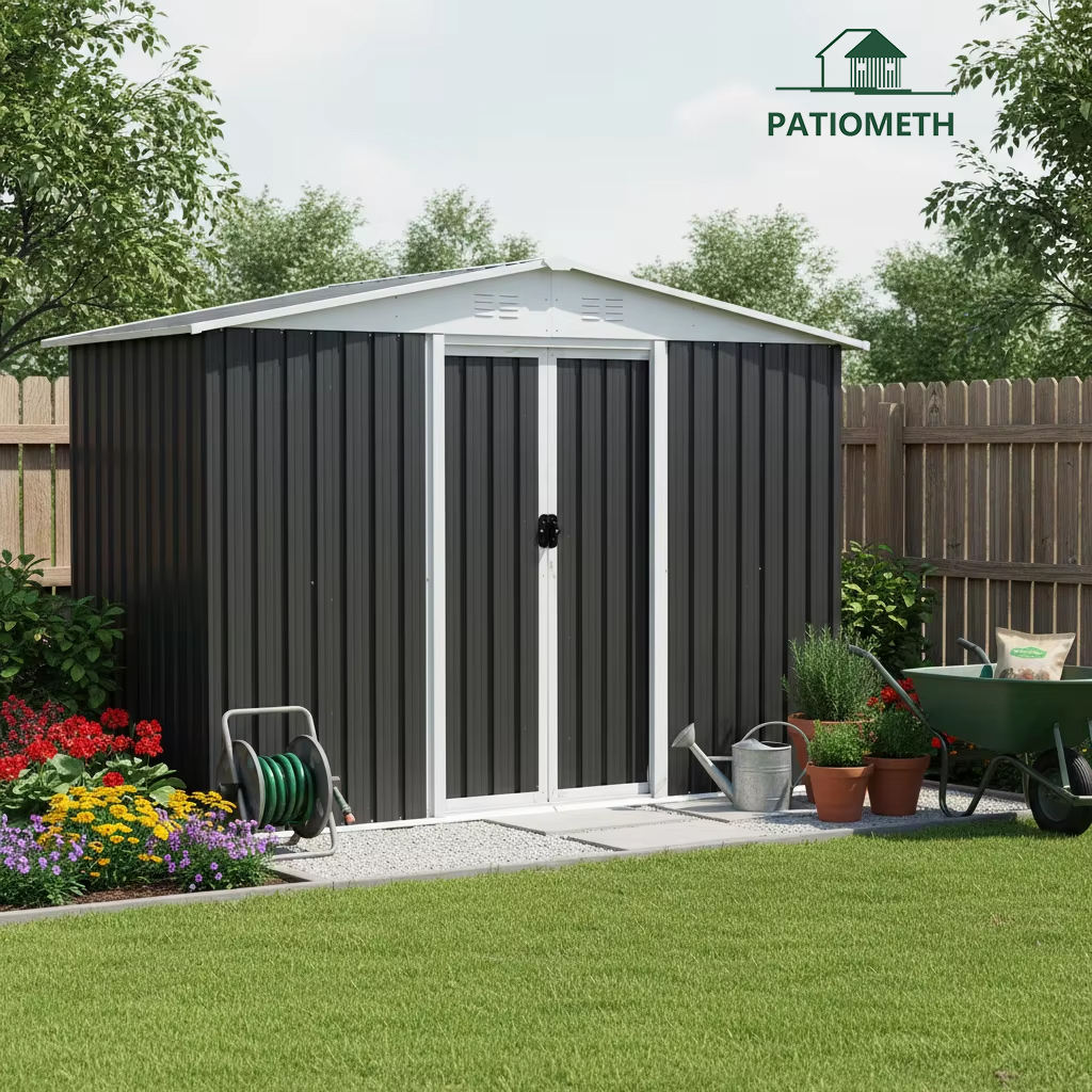 Outdoor Durable Metal Storage Shed with Hinge Doors Waterproof & Easily Assembled for Backyard Tool Storage
