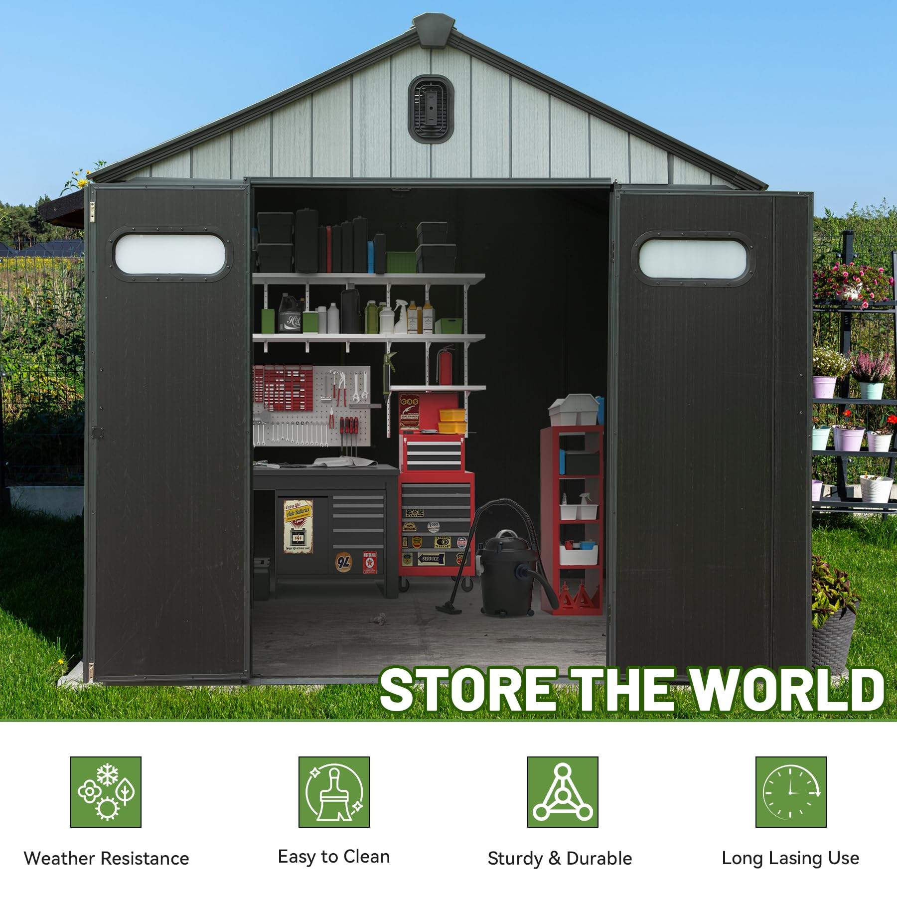 183*183cm Durable Outdoor Resin Storage Shed with Lockable Door Windows Vents Waterproof Plastic Garden Tool Shed