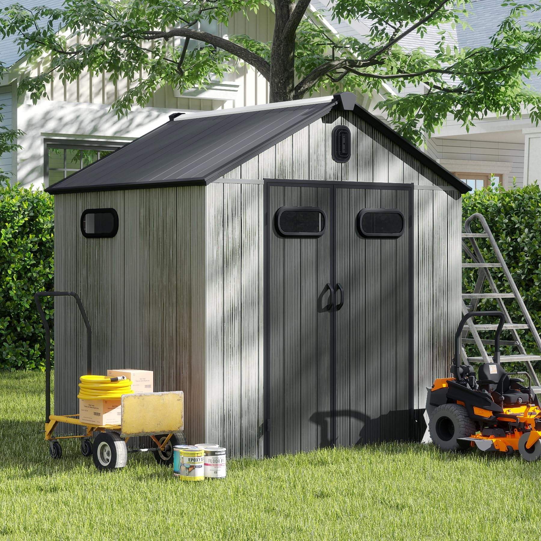 183*183cm Durable Outdoor Resin Storage Shed with Lockable Door Windows Vents Waterproof Plastic Garden Tool Shed
